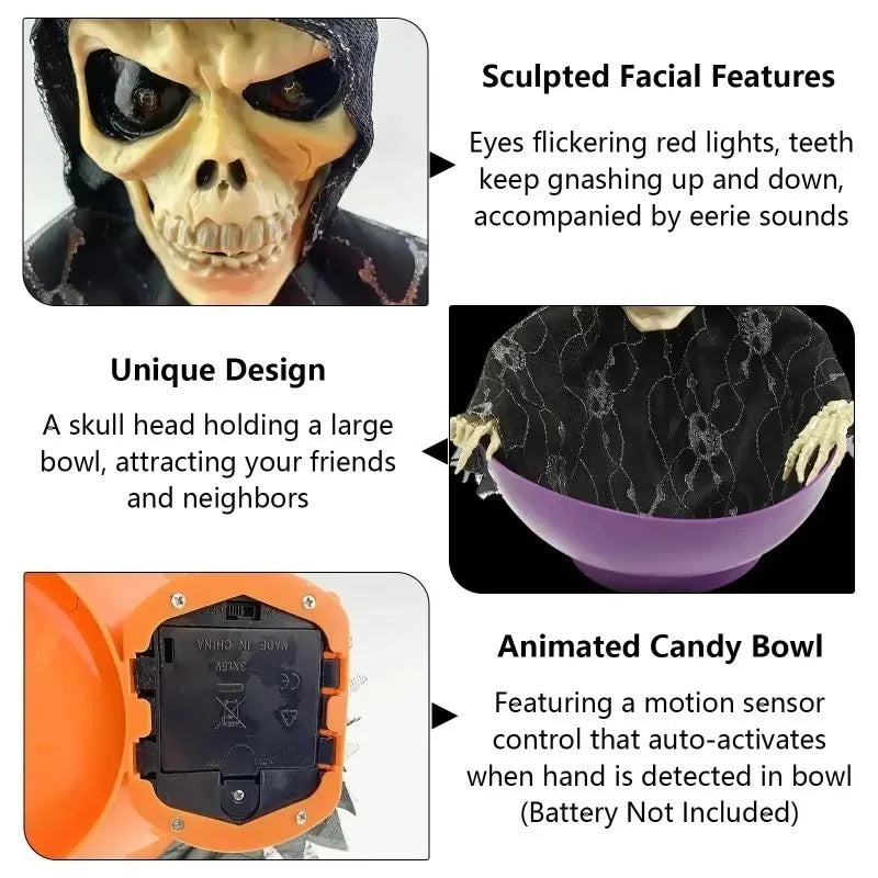 Halloween Skeleton Hand Candy Bowl with Light Up Red Eyes Spooky Sound Effects for Haunted House Party Decoration 