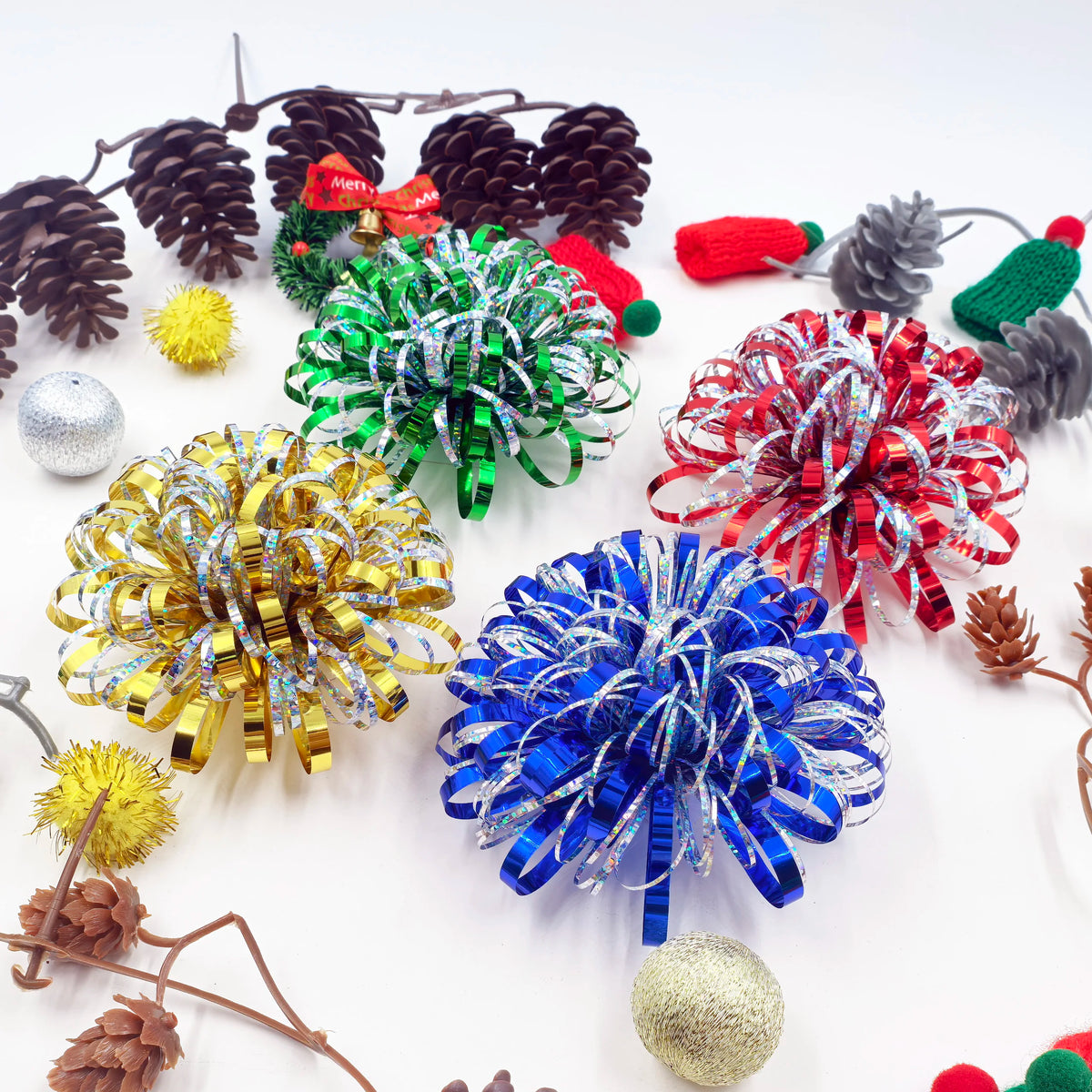 Christmas Tinsel Garland Firework Bow Laser PET Pom Pom Flower Bow for Present Wrap Valentine Party Birthday Holidays Decoration