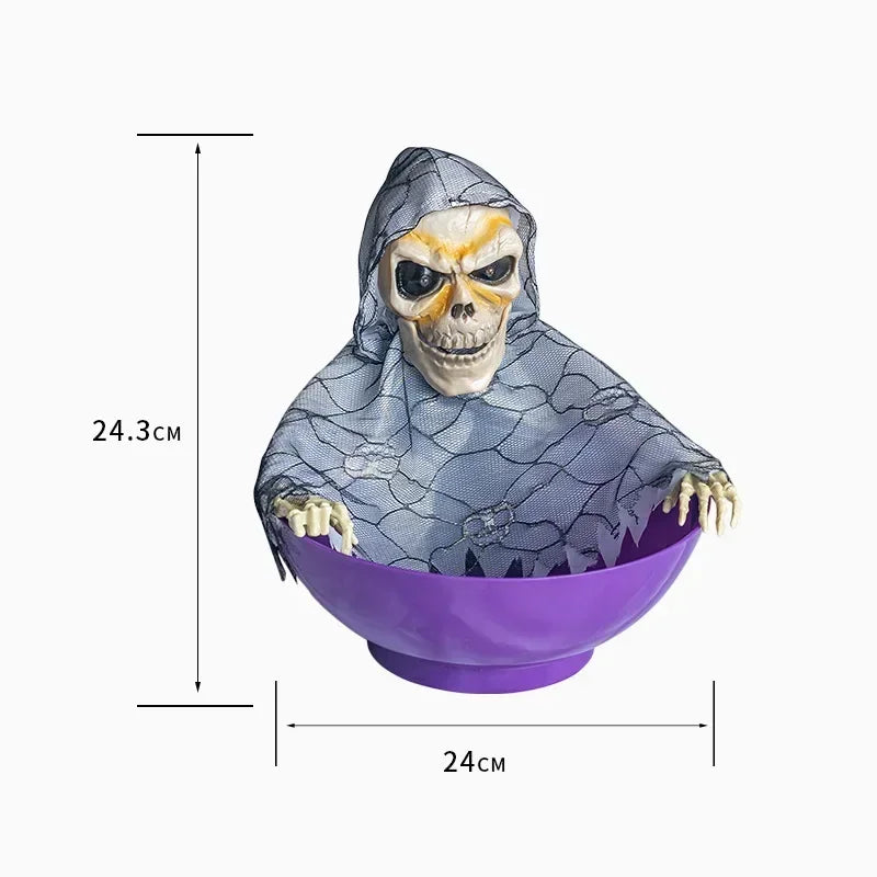 Halloween Skeleton Hand Candy Bowl with Light Up Red Eyes Spooky Sound Effects for Haunted House Party Decoration 