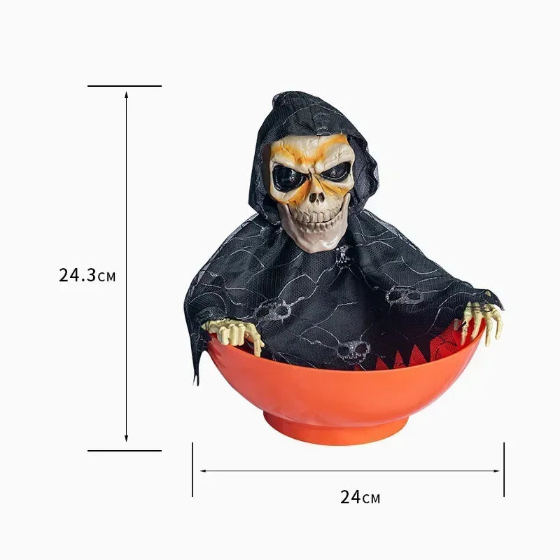 Halloween Skeleton Hand Candy Bowl with Light Up Red Eyes Spooky Sound Effects for Haunted House Party Decoration 