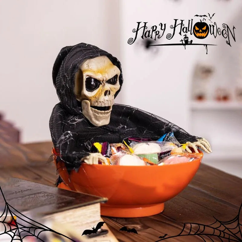 Halloween Skeleton Hand Candy Bowl with Light Up Red Eyes Spooky Sound Effects for Haunted House Party Decoration 