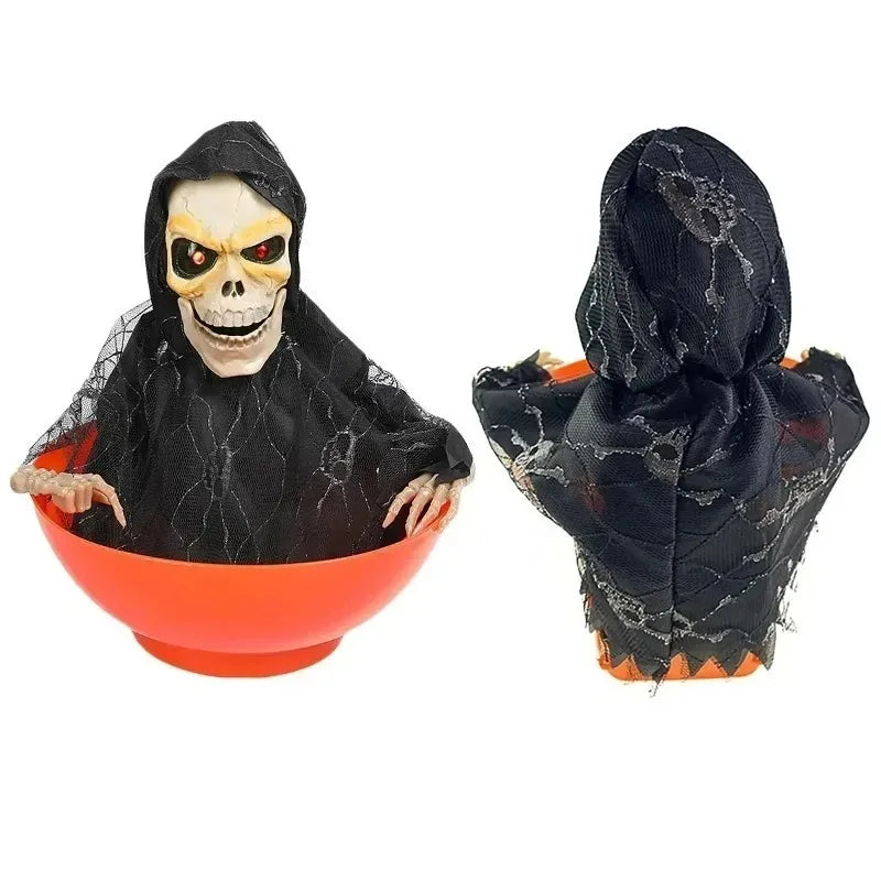 Halloween Skeleton Hand Candy Bowl with Light Up Red Eyes Spooky Sound Effects for Haunted House Party Decoration 