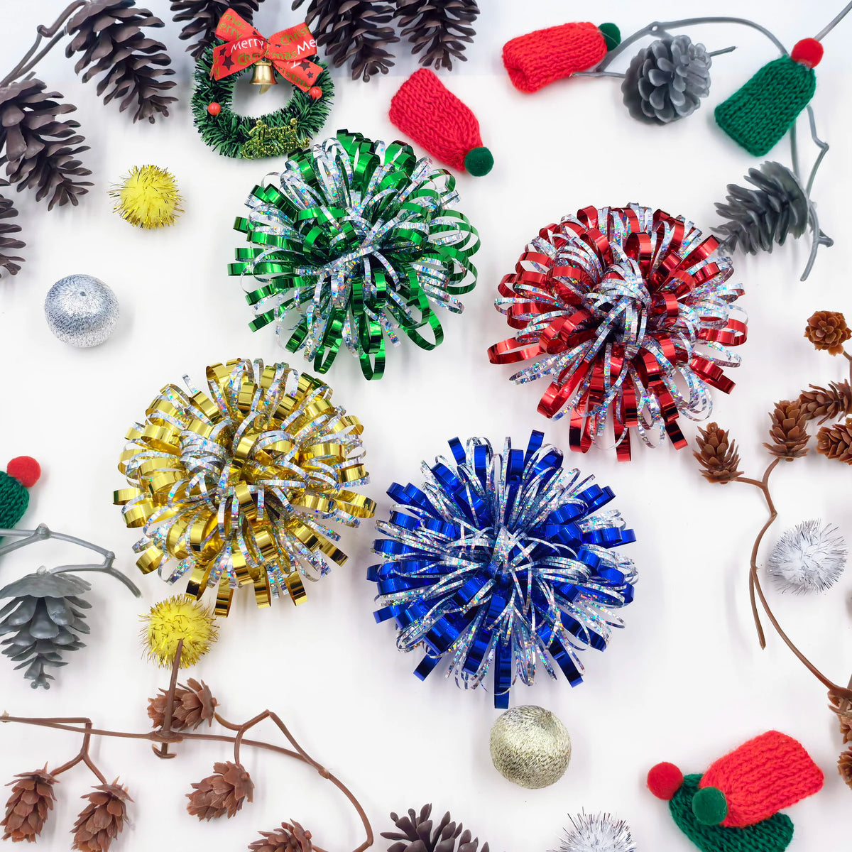 Christmas Tinsel Garland Firework Bow Laser PET Pom Pom Flower Bow for Present Wrap Valentine Party Birthday Holidays Decoration