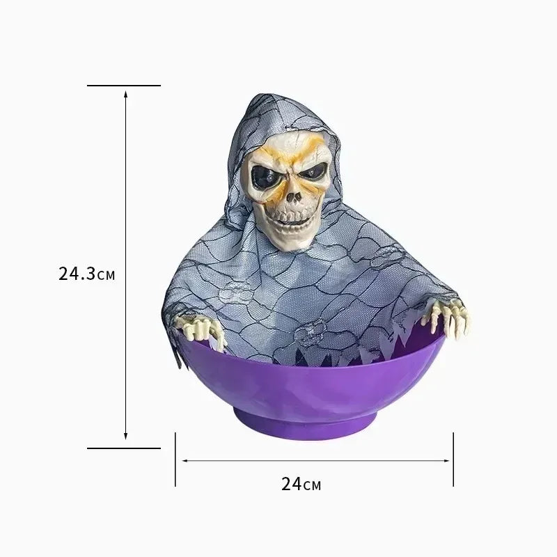 Halloween Skeleton Hand Candy Bowl with Light Up Red Eyes Spooky Sound Effects for Haunted House Party Decoration 