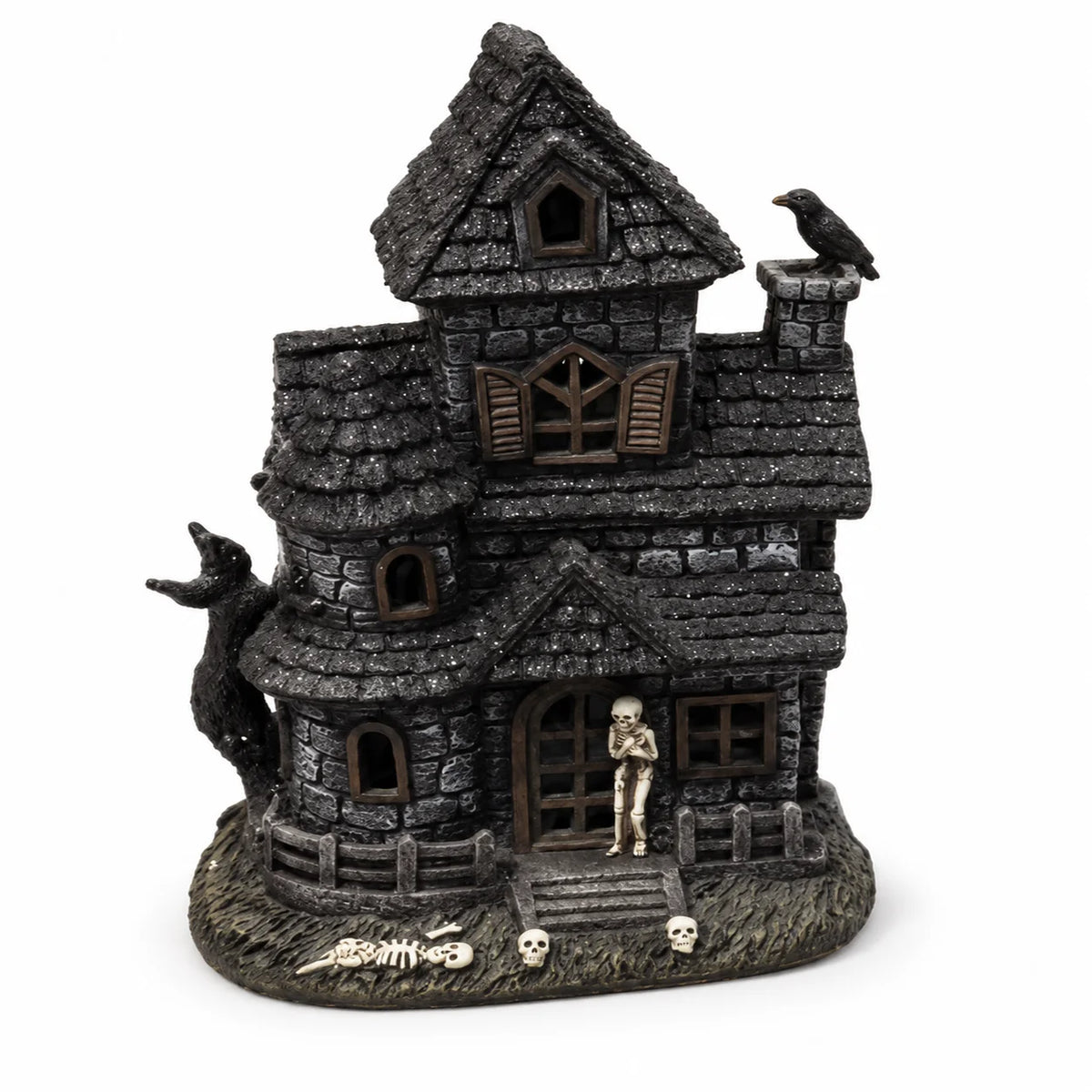 Lighted Haunted House Figurine – Skeleton & Crow Halloween Decor