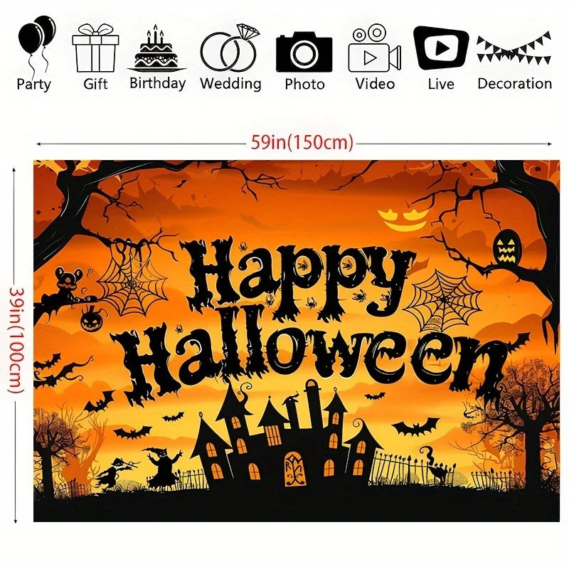 Halloween Party Backdrop – Pumpkin, Bat & Forest Design
