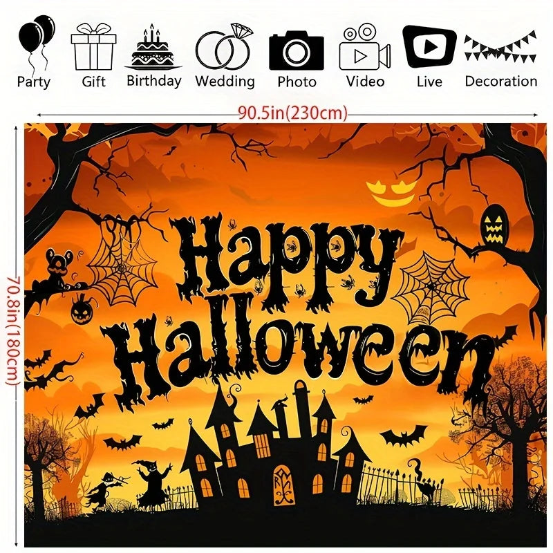 Halloween Party Backdrop – Pumpkin, Bat & Forest Design