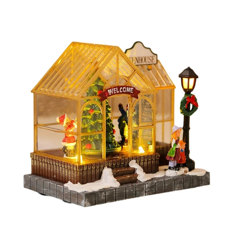 Christmas Musical Greenhouse Ornament with LED Lighting and Rotating Tree Figurines Statue Animated Village Ornament