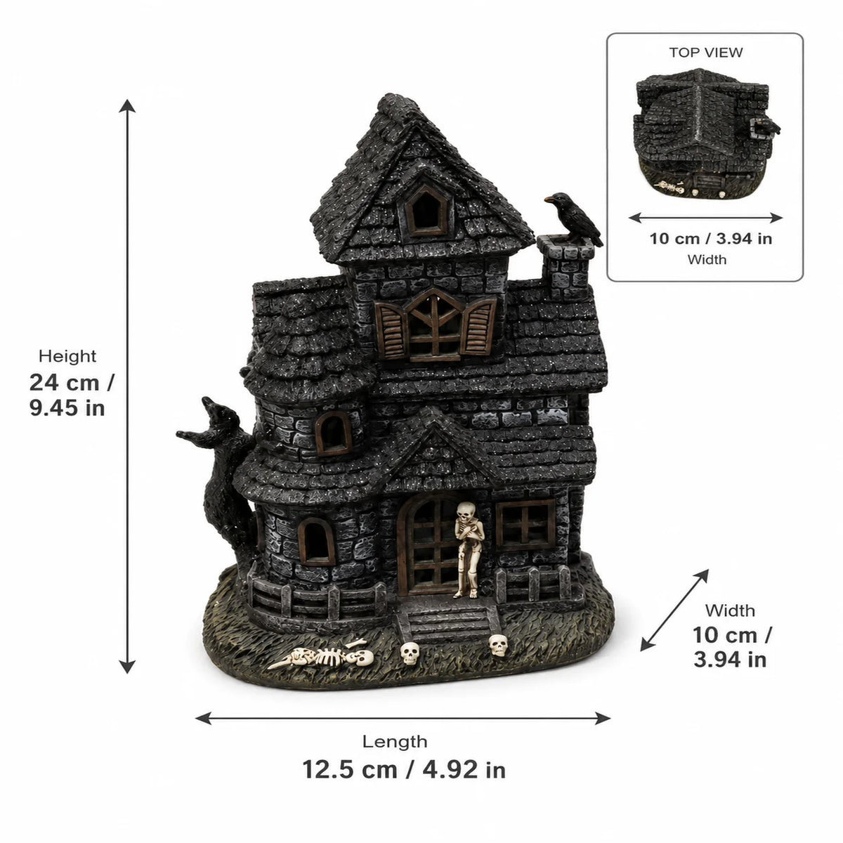 Halloween Lighted Haunted House Resin Figurine with Skeleton &amp; Crow, Spooky Tabletop Ornament for Home Party Decoration