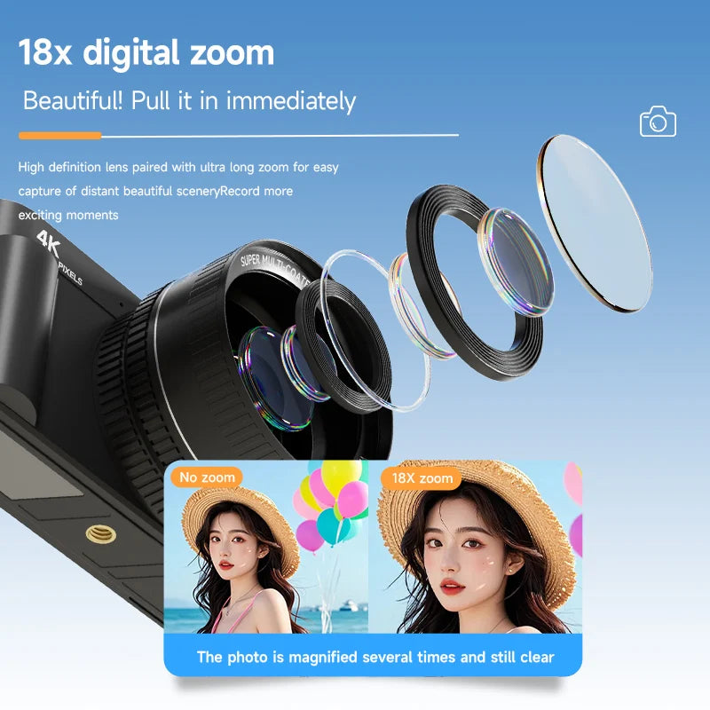 4K 64MP Compact Digital Camera with 18× Zoom
