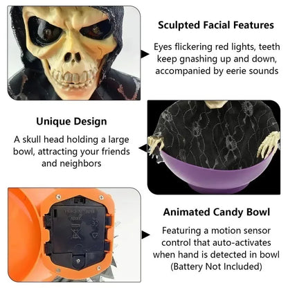 Halloween Skeleton Hand Candy Bowl with Light Up Red Eyes Spooky Sound Effects for Haunted House Party Decoration  ﻿