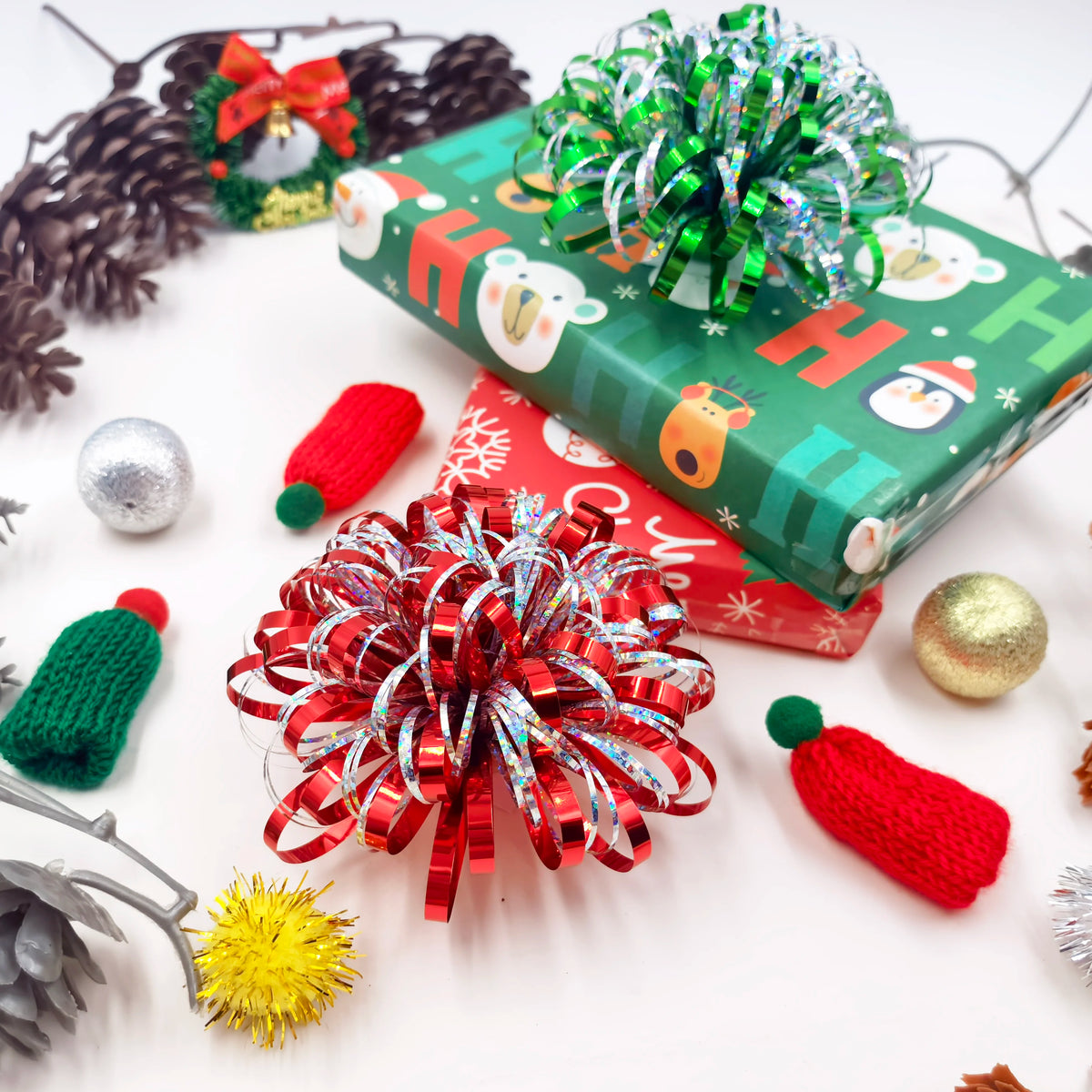 Christmas Tinsel Garland Firework Bow Laser PET Pom Pom Flower Bow for Present Wrap Valentine Party Birthday Holidays Decoration