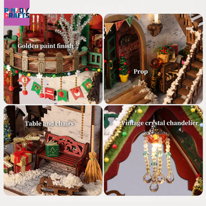 Christmas Snow Scene Wooden DIY Miniature House Kit, LED 3D Puzzle for Ages 13+, Stress Relief Winter Home Decor, Creative Gift