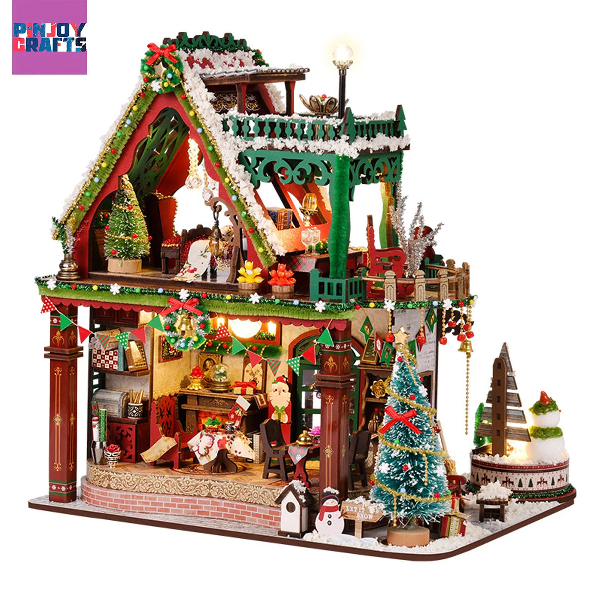 Christmas Snow Scene Wooden DIY Miniature House Kit, LED 3D Puzzle for Ages 13+, Stress Relief Winter Home Decor, Creative Gift