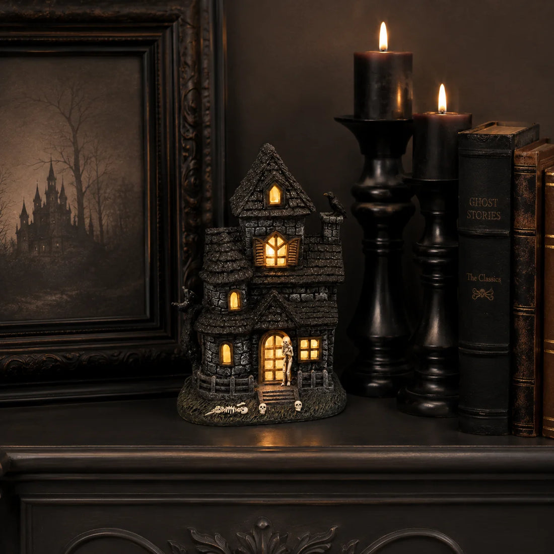 Lighted Haunted House Figurine – Skeleton &amp; Crow Halloween Decor