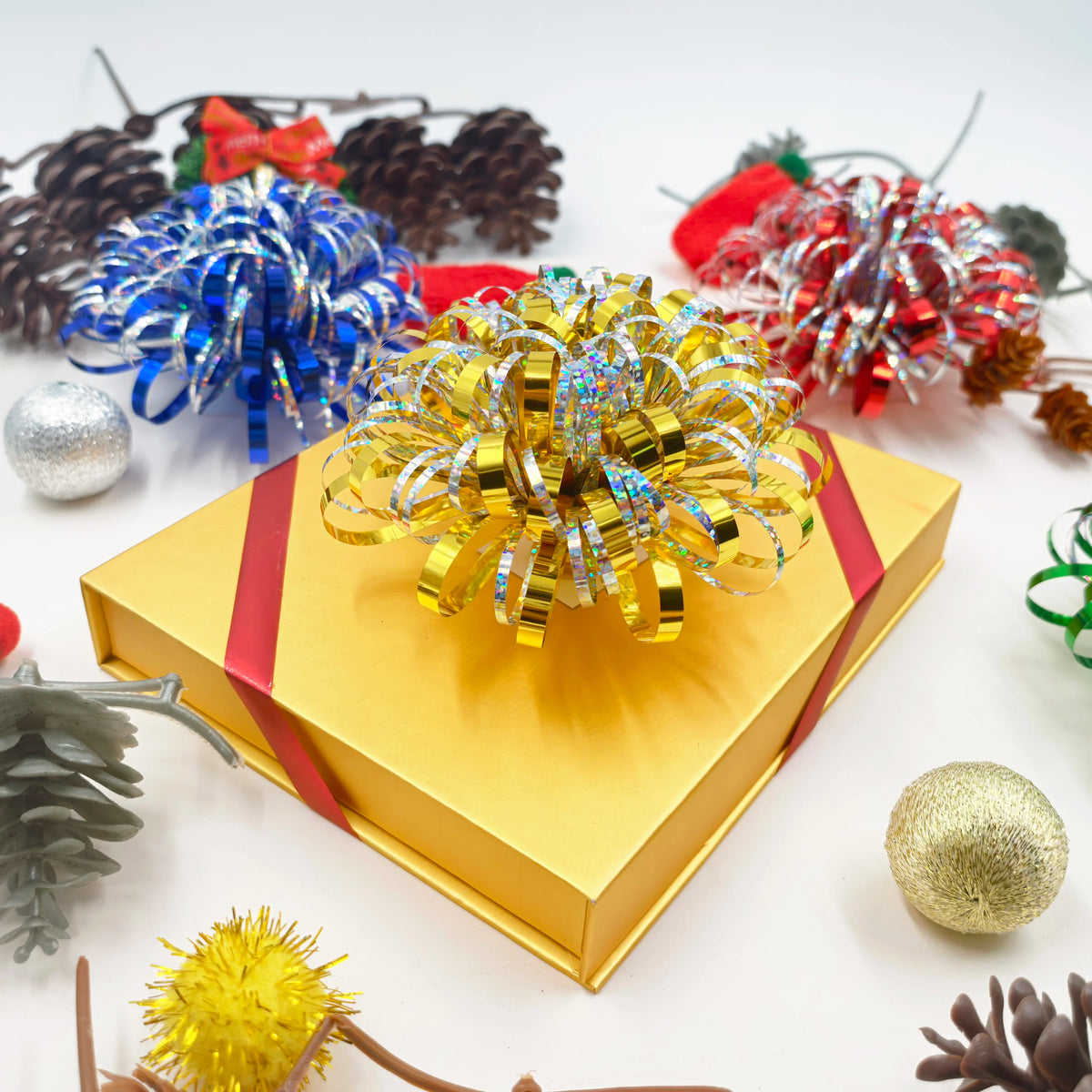Christmas Tinsel Garland Firework Bow Laser PET Pom Pom Flower Bow for Present Wrap Valentine Party Birthday Holidays Decoration