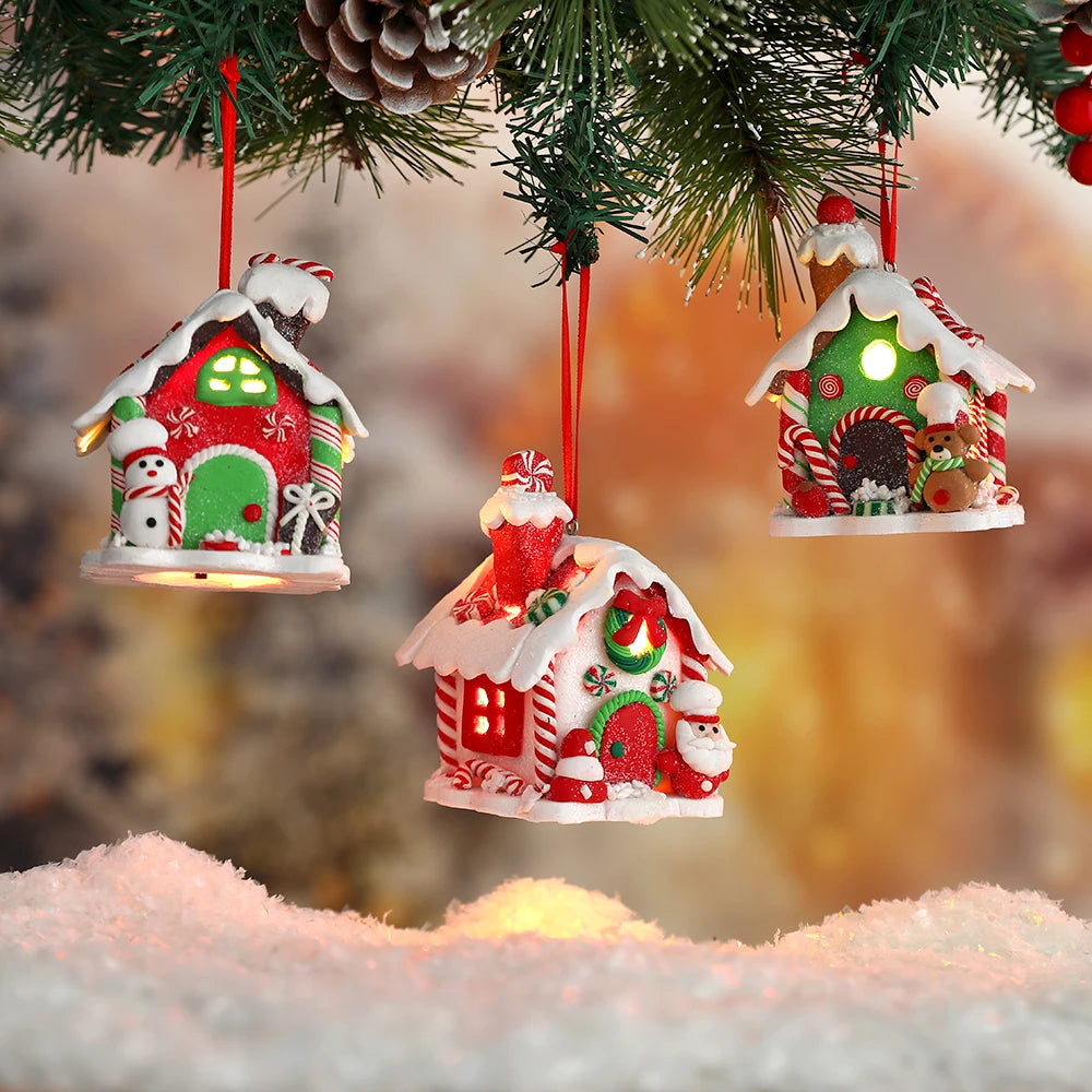 Christmas Theme LED Pendant Snowman Gingerbread Santa Claus Light House Soft Pottery Hanging Tree Home New Year Party Decoration