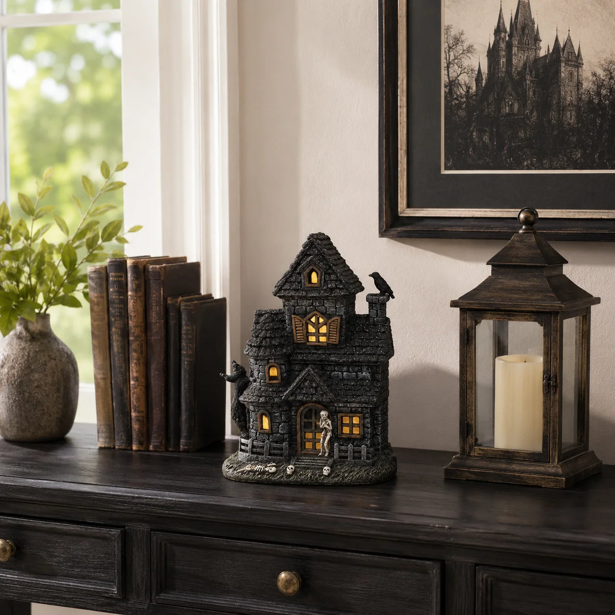 Lighted Haunted House Figurine – Skeleton &amp; Crow Halloween Decor