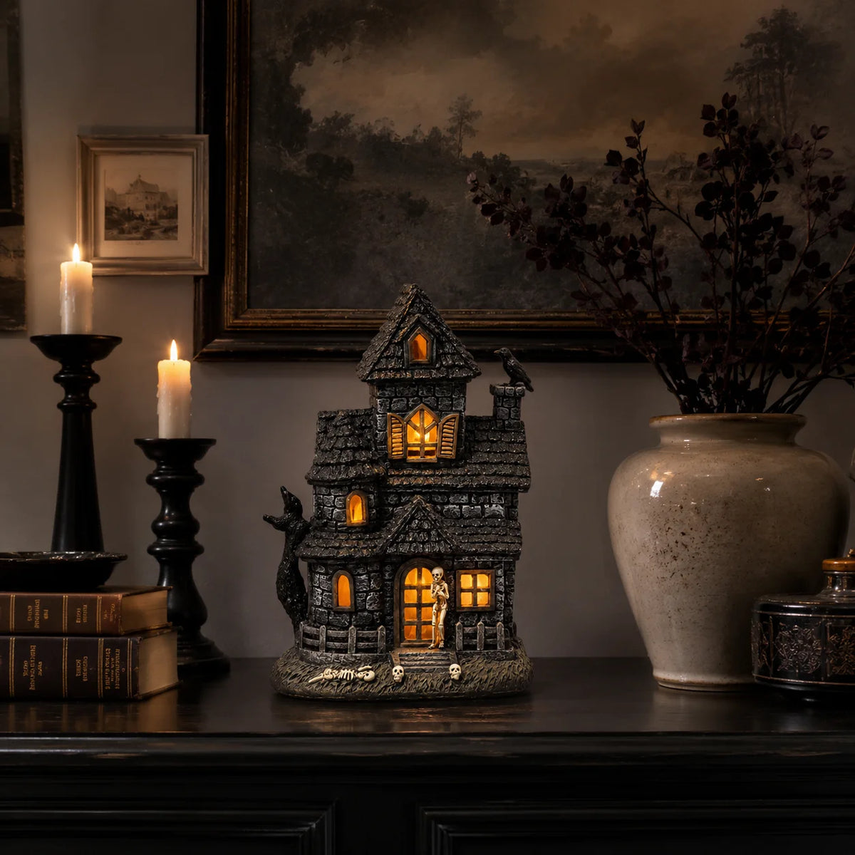 Halloween Lighted Haunted House Resin Figurine with Skeleton &amp; Crow, Spooky Tabletop Ornament for Home Party Decoration