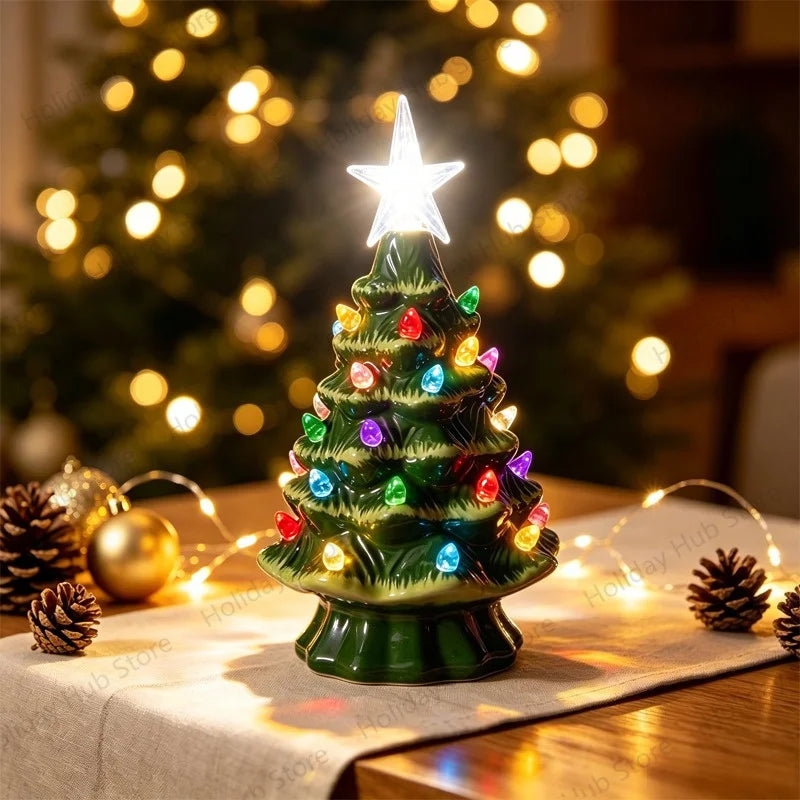 Christmas Tree Decoration Glowing Ceramic Christmas Village Tree with Xmas Tabletop Ornament Holiday Home Decor