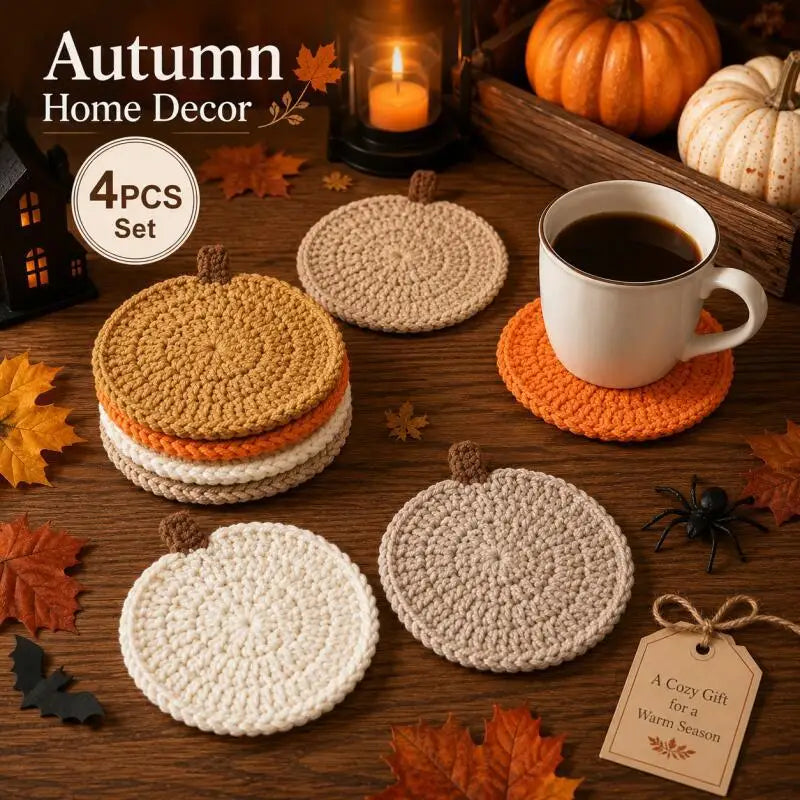 Crochet Pumpkin Coasters – 4-Piece Halloween Set
