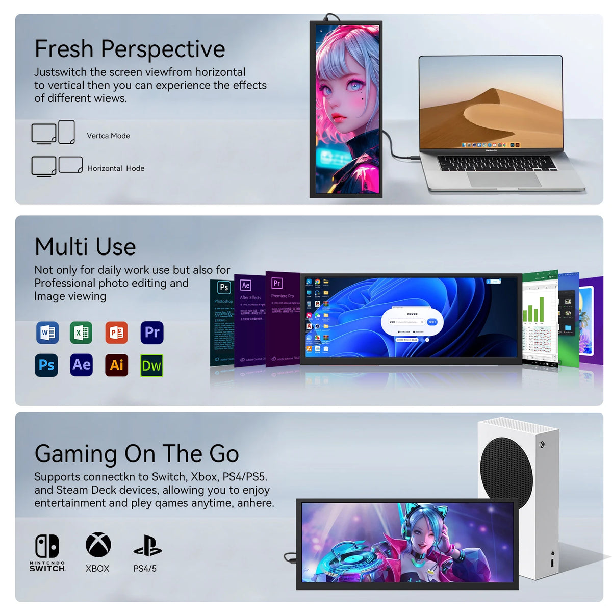 12.3 Inch 1920x720 HD Capacitive Touch Screen Monitor Portable LCD Display with HDMI Input for PC Laptop Industrial Equipment