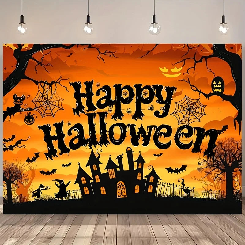 Halloween Party Backdrop – Pumpkin, Bat &amp; Forest Design