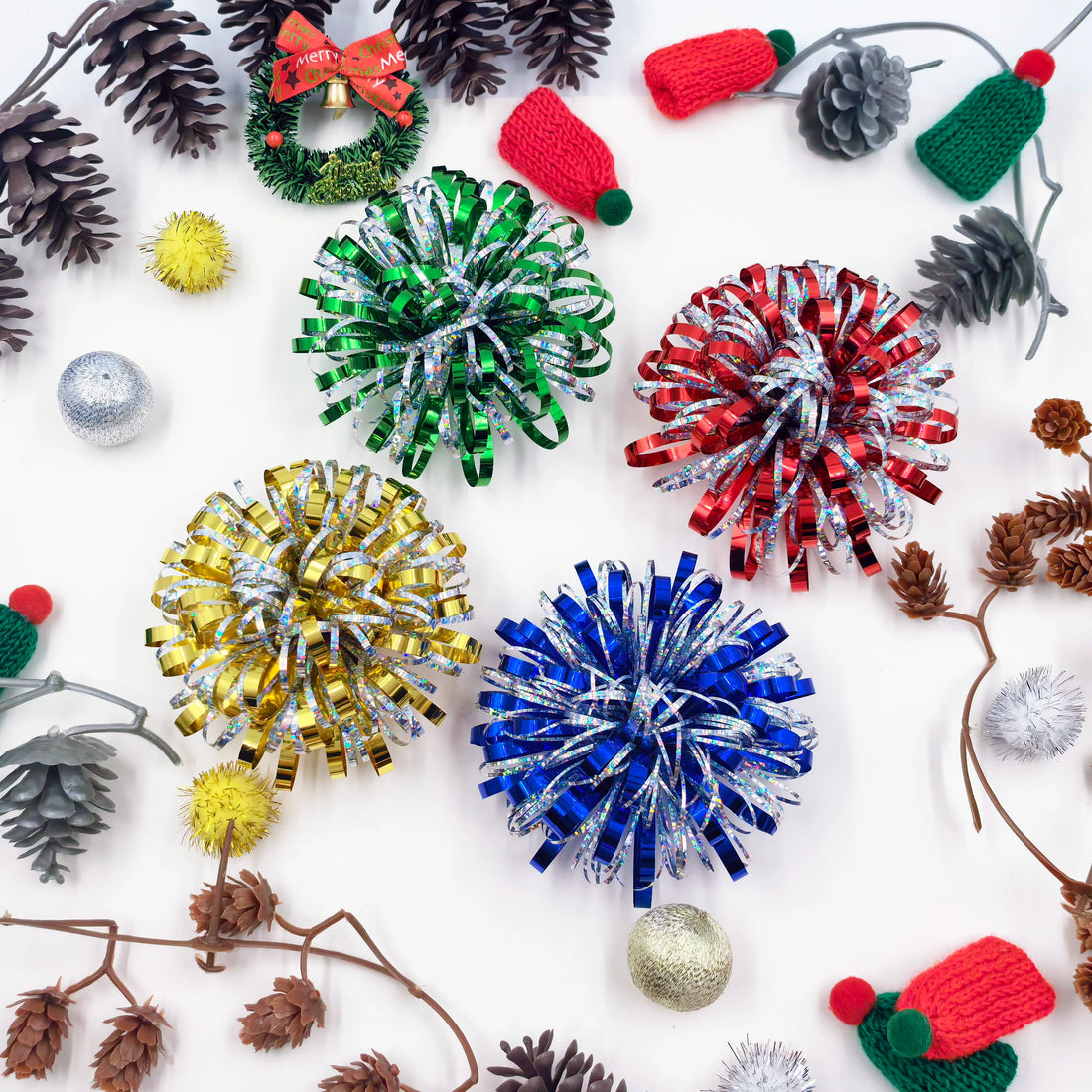 Christmas Tinsel Garland Firework Bow Laser PET Pom Pom Flower Bow for Present Wrap Valentine Party Birthday Holidays Decoration