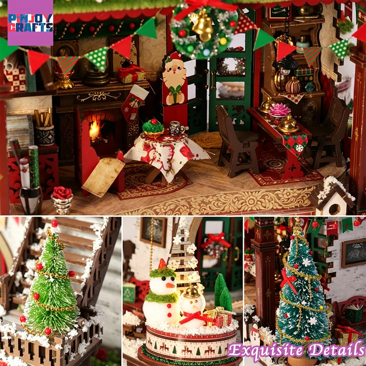 Christmas Snow Scene Wooden DIY Miniature House Kit, LED 3D Puzzle for Ages 13+, Stress Relief Winter Home Decor, Creative Gift
