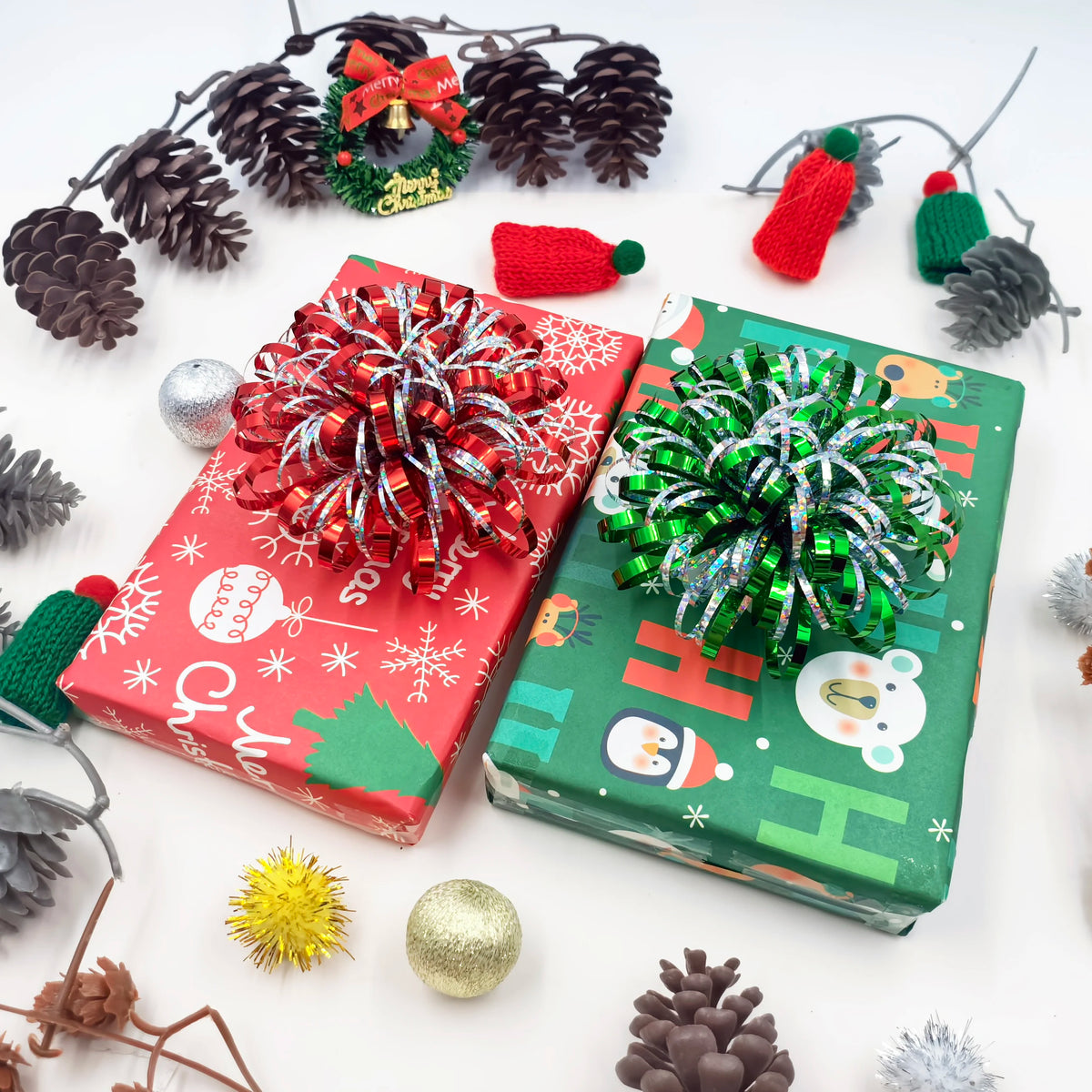 Christmas Tinsel Garland Firework Bow Laser PET Pom Pom Flower Bow for Present Wrap Valentine Party Birthday Holidays Decoration