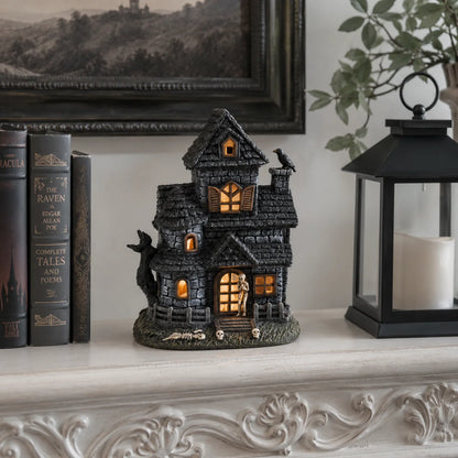 Lighted Haunted House Figurine – Skeleton &amp; Crow Halloween Decor