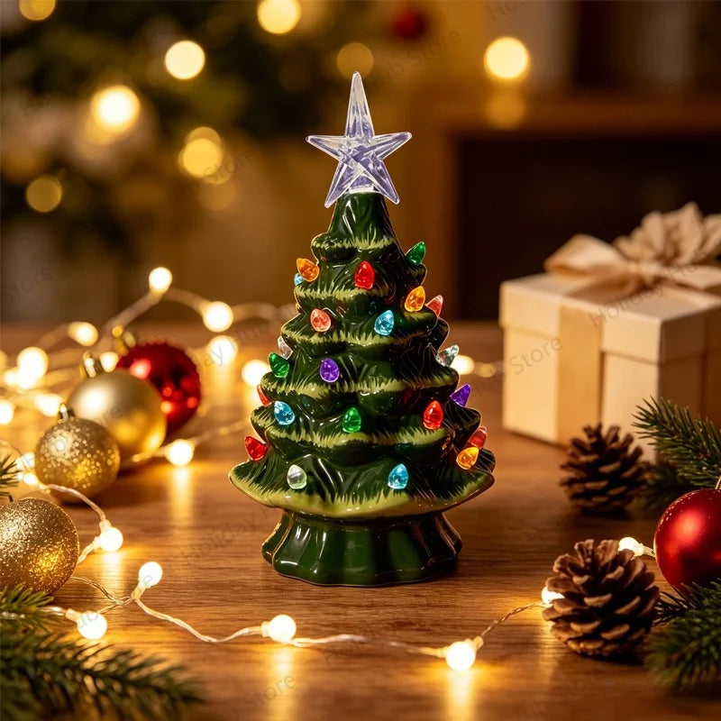 Christmas Tree Decoration Glowing Ceramic Christmas Village Tree with Xmas Tabletop Ornament Holiday Home Decor