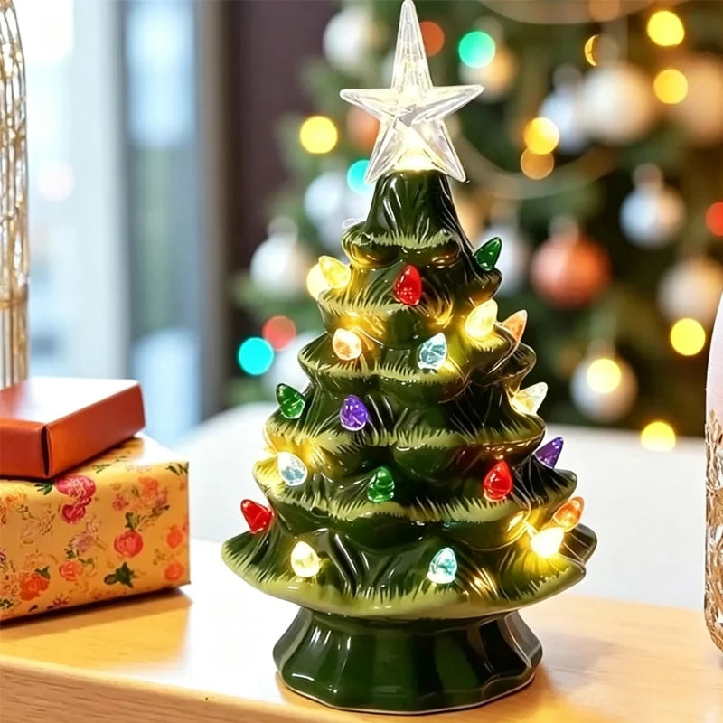Christmas Tree Decoration Glowing Ceramic Christmas Village Tree with Xmas Tabletop Ornament Holiday Home Decor