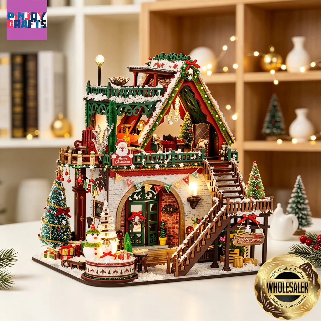 Christmas Snow Scene Wooden DIY Miniature House Kit, LED 3D Puzzle for Ages 13+, Stress Relief Winter Home Decor, Creative Gift