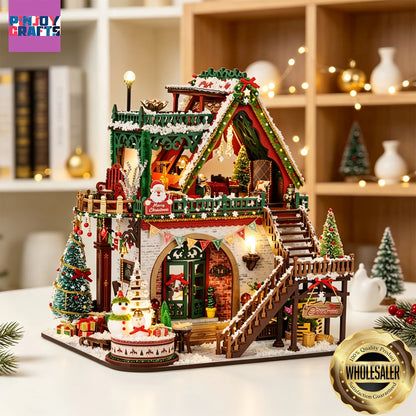 Christmas Snow Scene Wooden DIY Miniature House Kit, LED 3D Puzzle for Ages 13+, Stress Relief Winter Home Decor, Creative Gift