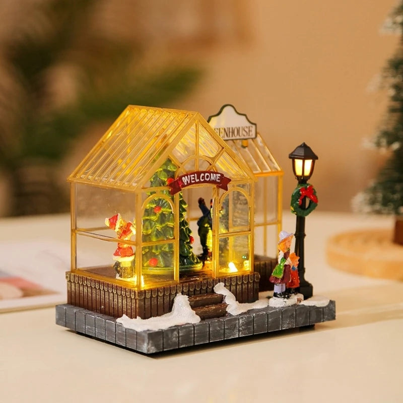 Christmas Musical Greenhouse Ornament with LED Lighting and Rotating Tree Figurines Statue Animated Village Ornament