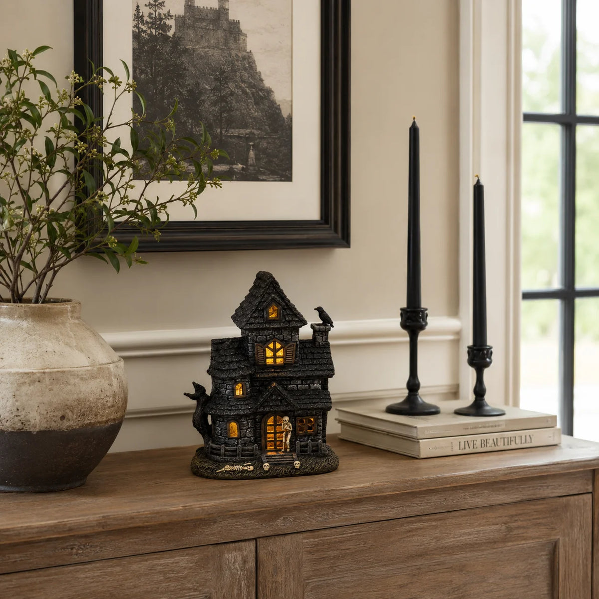 Lighted Haunted House Figurine – Skeleton &amp; Crow Halloween Decor